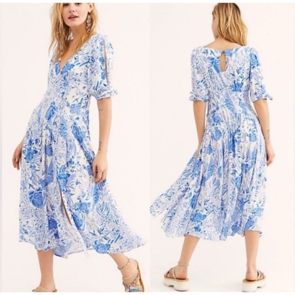Free People Forever Always Dress Coquette White Blue Floral Midi Dress Womens 4